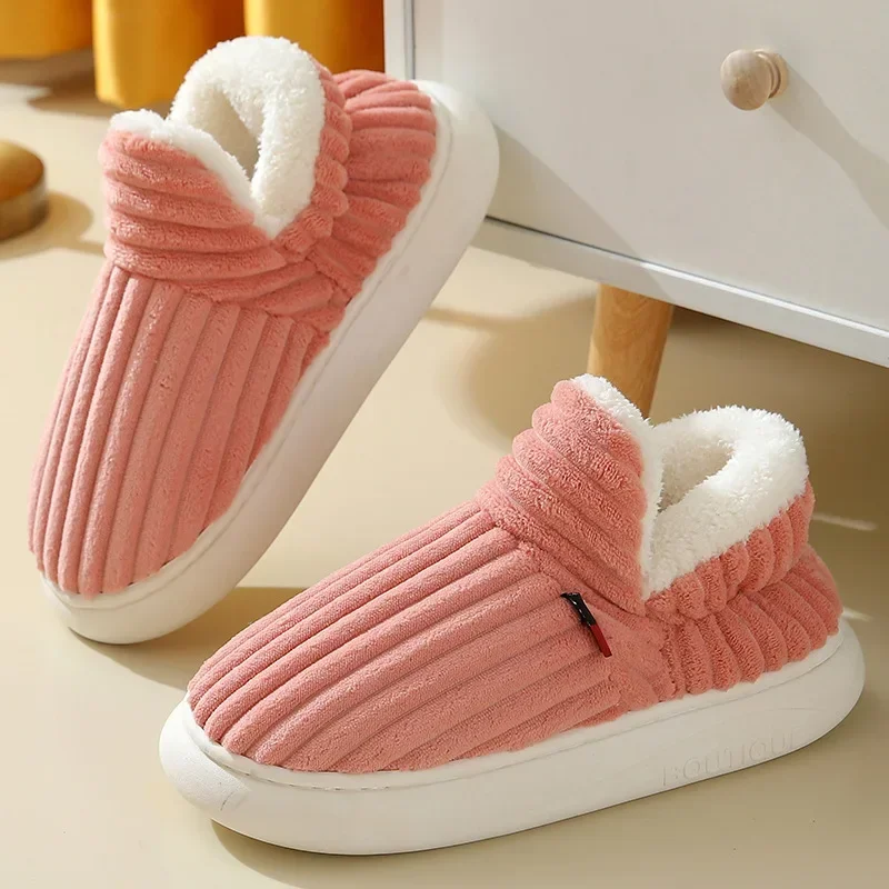 

2024 Fashion Couple Winter Warm Plush Thick Sole Non Slip Casual Cotton Shoes Woman Corduroy Soft Indoor Home Slippers