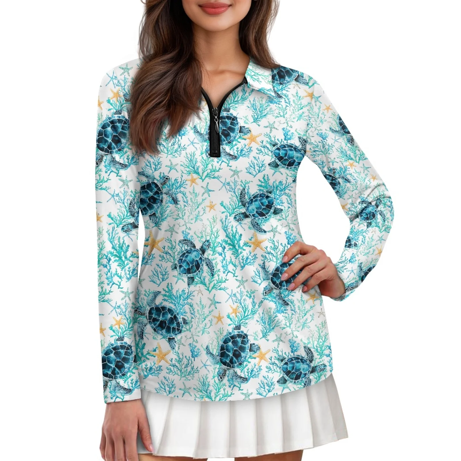 PENSTROLL Turtle Womens Stretchy Golf Shirts for Women Long Sleeve Tennis Activewear Blouses for Tennis Court