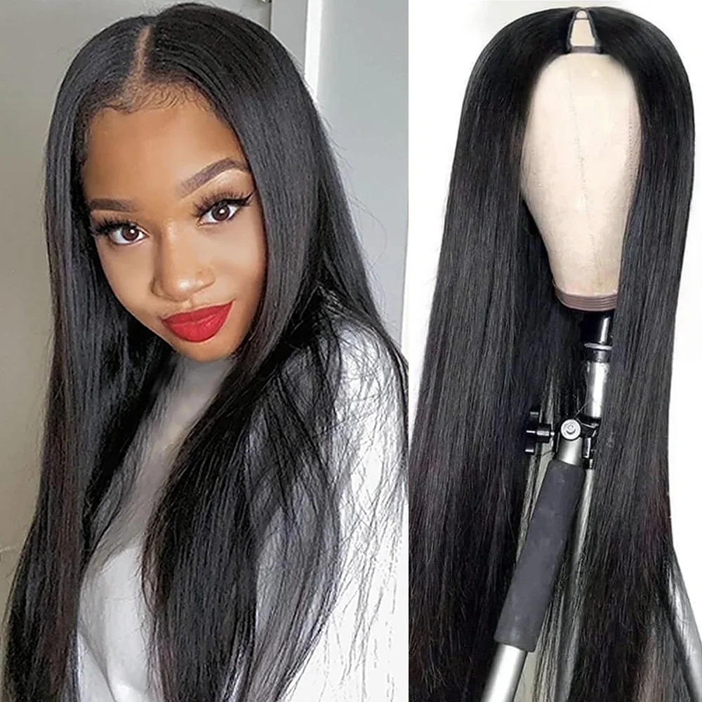 

Длинный прямой парик с V-образной частью, необработанные бразильские человеческие волосы, 16-дюймовые парики с V-образной частью для чернокожих женщин, подходят для начинающих, человеческие парики, плотность 200