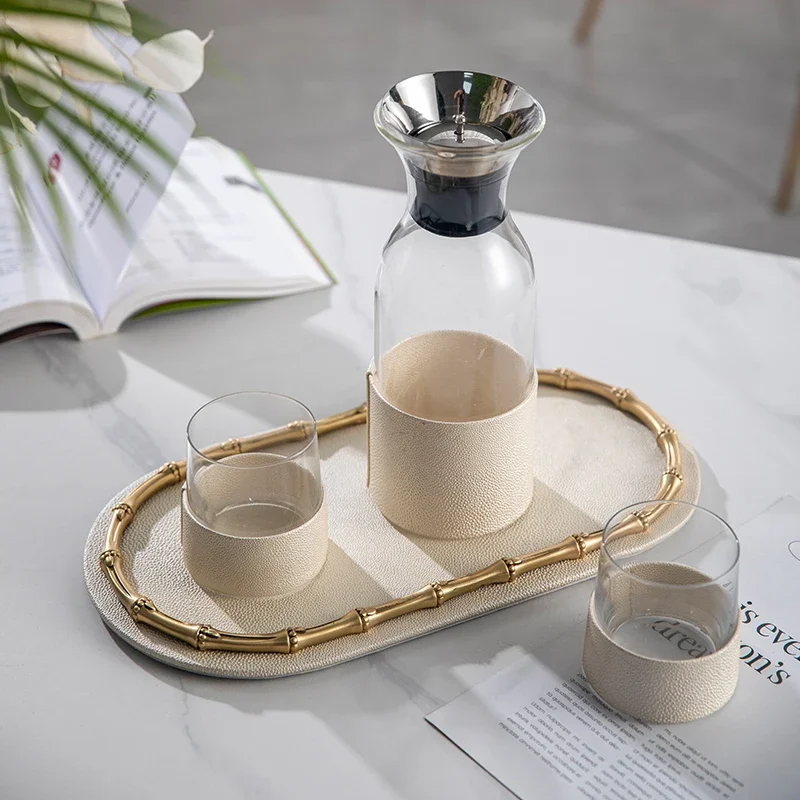 Bamboo Brass Leather Tray Teacup Tray Living Room Decorations Ornaments Light Luxury High-Grade Exquisite Water Cup Storage Tray