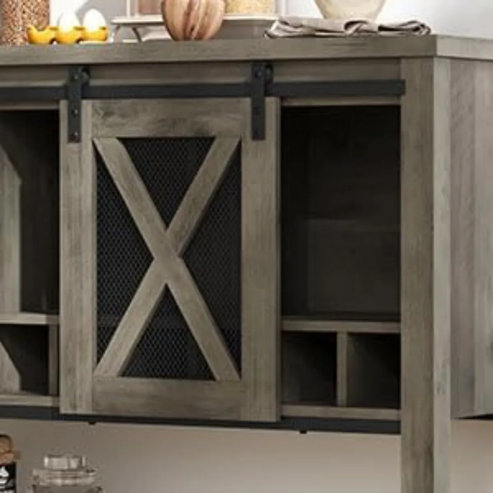 Armoire de bar à vin avec porte coulissante de grange, armoire à café avec casier à vin et support pour verres, buffet de cuisine.