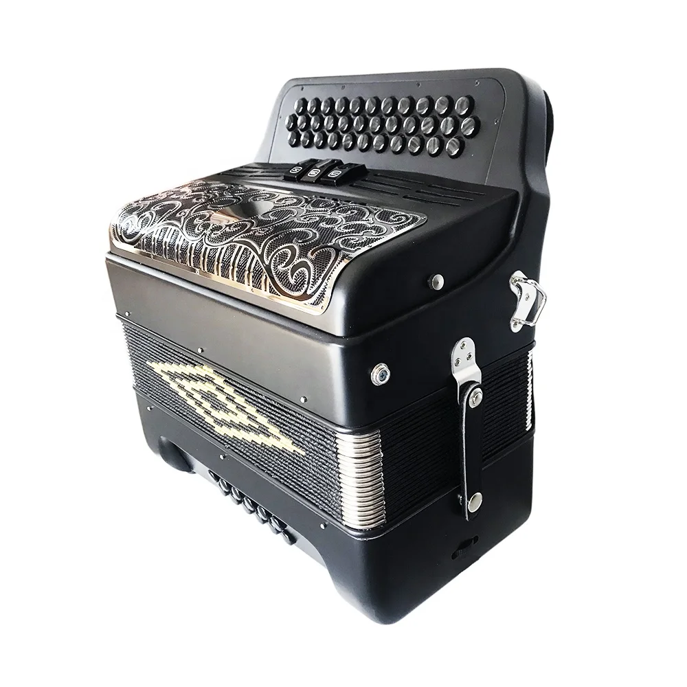 Professional 34-Button 12-Bass 3-Registers Acrodeon JB3412C Matt Black Accordion Instrument with Black Silver Grill and Buttons