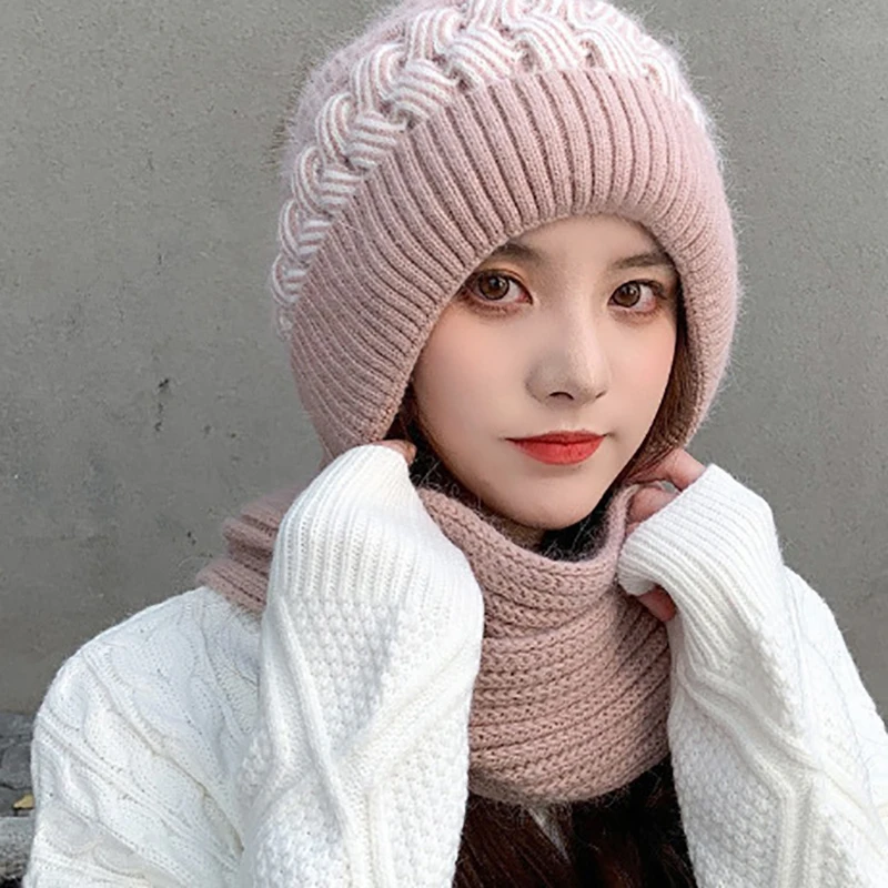 Winter Knitted Skullies Hat Scarf Set Cold Proof Ear Protection Scarf Warm Girls Beanies Cycling Windproof Ladies Outdoor Caps