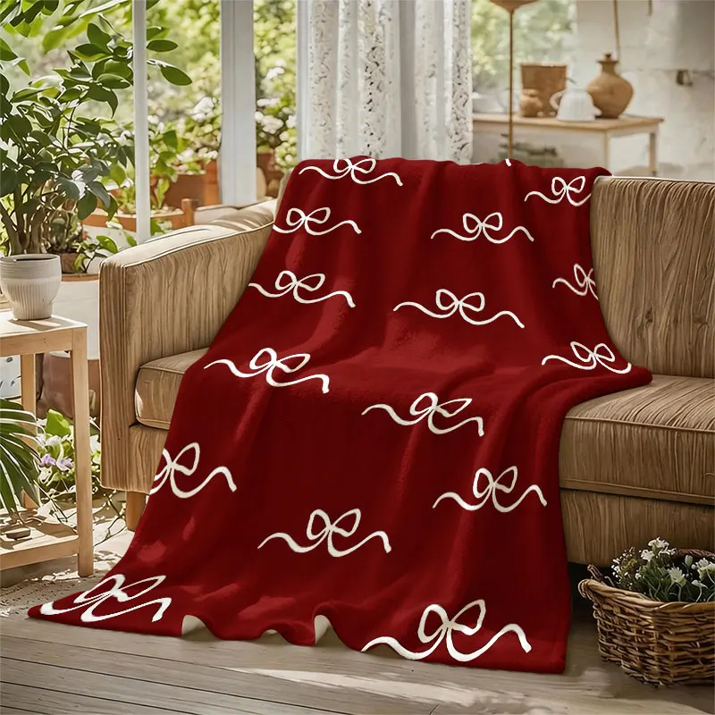 White Bows Burgundy Flannel Blanket Perfect for Sofa Office Bed Travel Sleep Read Relax Camping Four Season Use