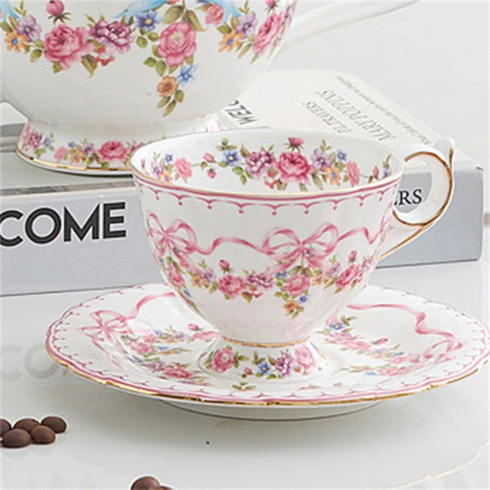 European-style Bone China Coffee Cup Afternoon Tea Cup and Saucer Kitchen Supplies Girl's Printed Cup and Saucer Set Gift