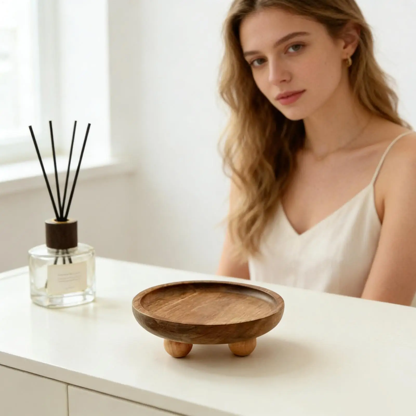 Round wooden extender shelf for bathroom countertop storage, suitable for storing soap dishes, perfumes, candles, and sponges