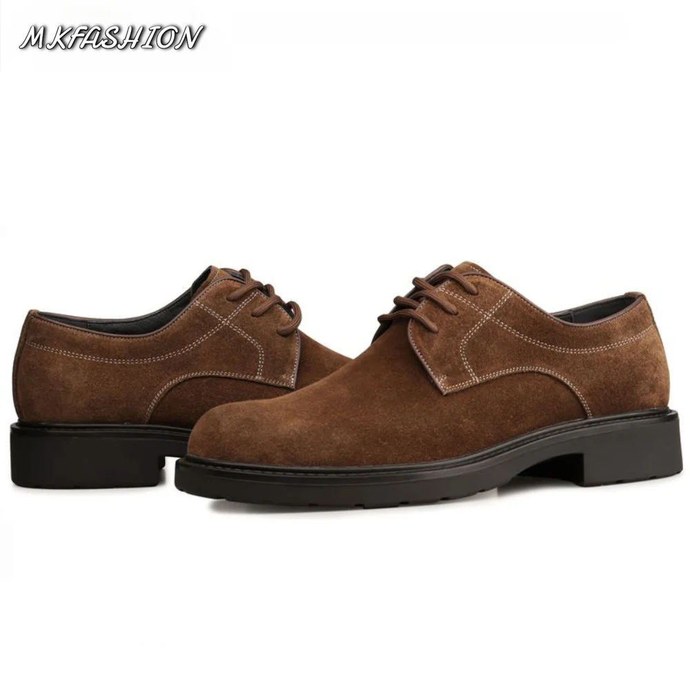 Camel Suede Derby Shoes for Men Business Genuine Leather Thick Sole British Casual Oxfords