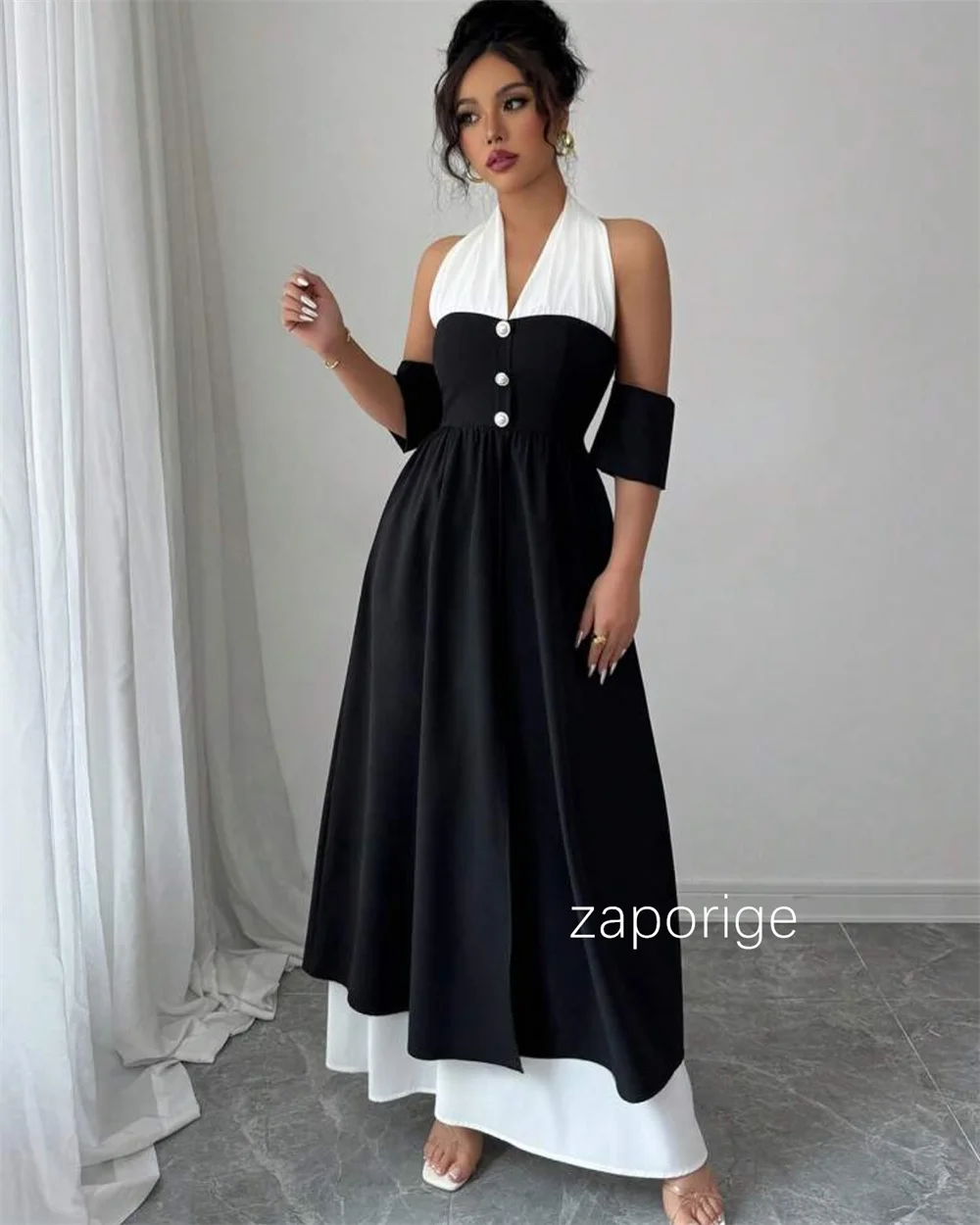 Abiti midi con scollo all'americana a trapezio con bottoni a pieghe abbinati personalizzati Occasioni su misura Pastrol squisito di alta qualità