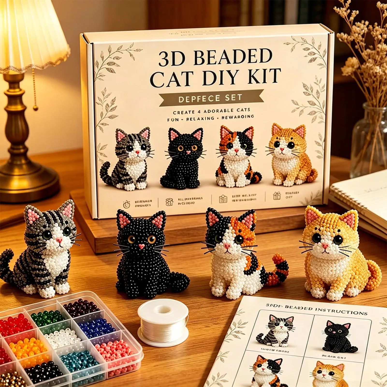 DIY Animal Beading Kit Cute Beginner-Friendly 3D Cat Funny Animal Beadwork Kit for Desk Decorations Bookshelf Decor Party Favors