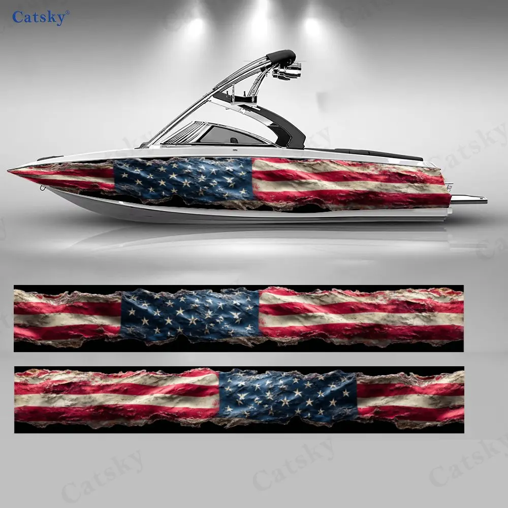 2Pcs Vintage Stars & Stripes Boat Sticker, PVC Waterproof Durable Vinyl Wrap Decals for Fishing Boat, Durable and Stylish Design