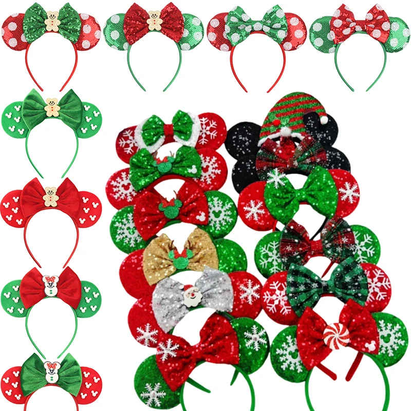 

Disney Mickey Mouse Christmas Ear Headbands for Kids Girls Elk Hairbands Adults Women Pearl Mini Bear Bows Hair Accessories Gift