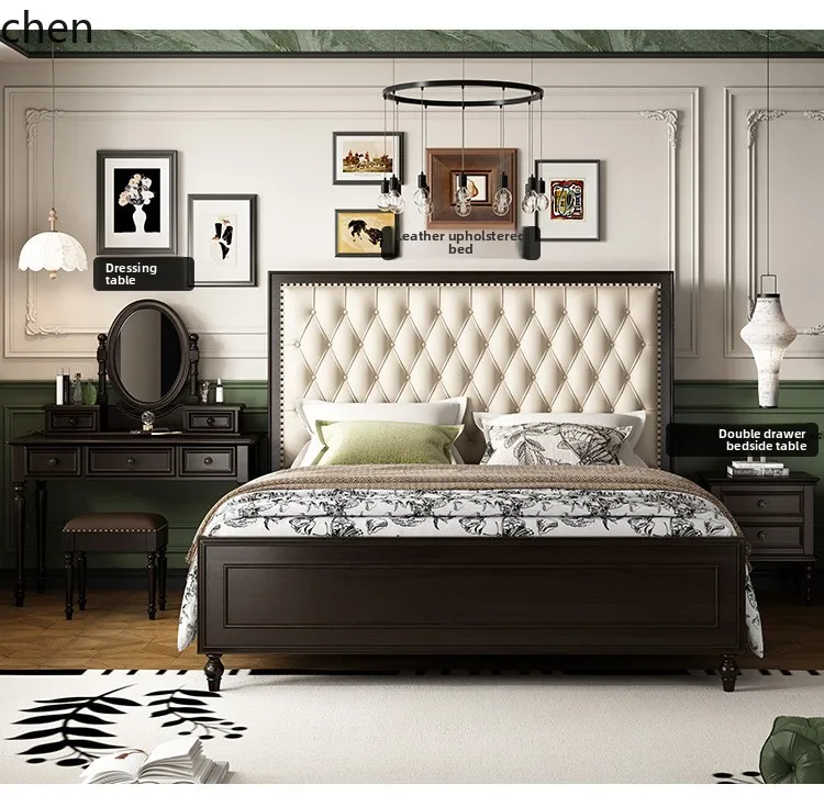 HXL Pure Solid Wood Double Bed Master Bedroom Vintage Genuine Leather Soft Backrest Bed