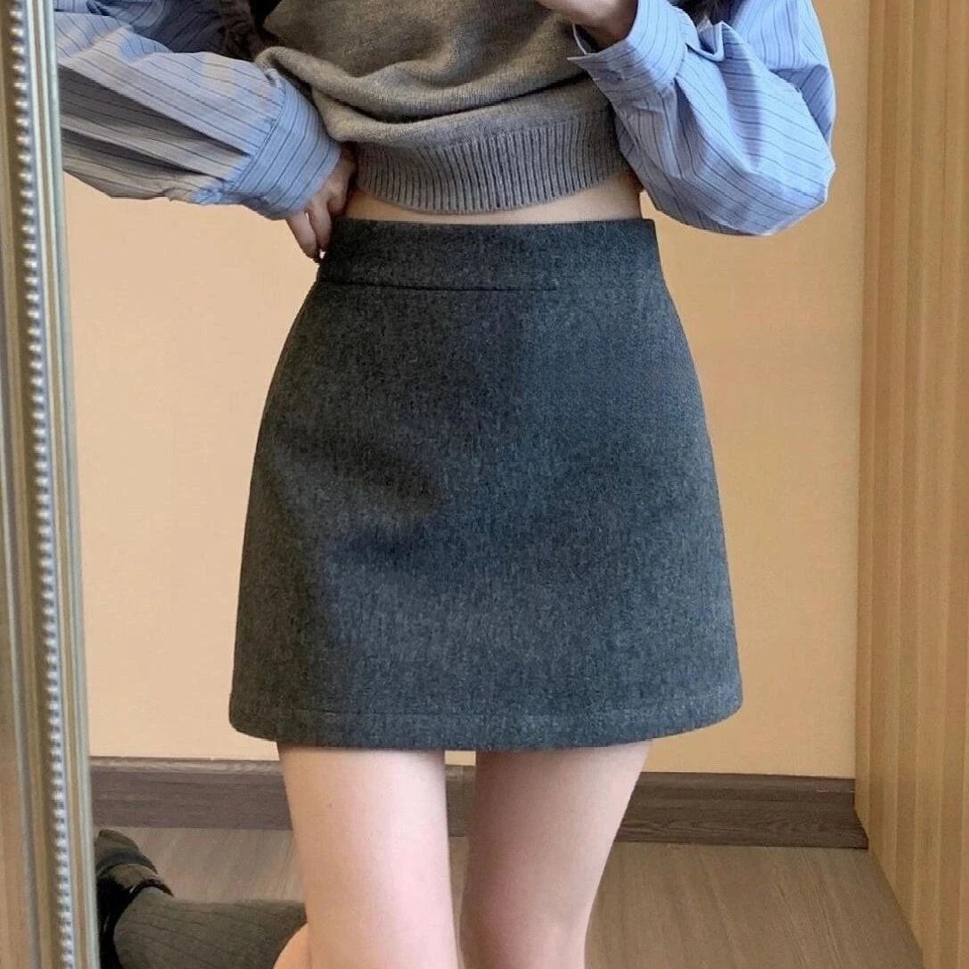 

Women's High Waist Artificial Wool Mini Skirt Y2K Korean Streetwear Solid Casual Skirt Fall Winter Bottoms