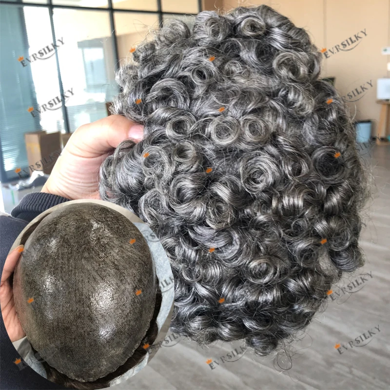 Grey Man Hair Prosthesis Super Durable 18mm Curly Human Hair Men Toupee 1B80 1B40 Hairpieces System Capillary Natural Hairline