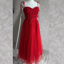Tulle Beading Cocktail Party A-line Spaghetti Strap Bespoke Occasion Gown Midi Dresses