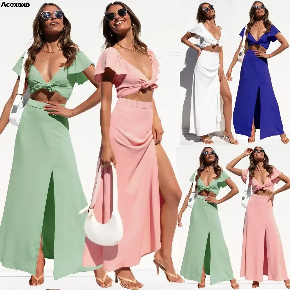 

Spring and summer new women's fashion solid color leisure beach chiffon straight cylinder low neck split suit