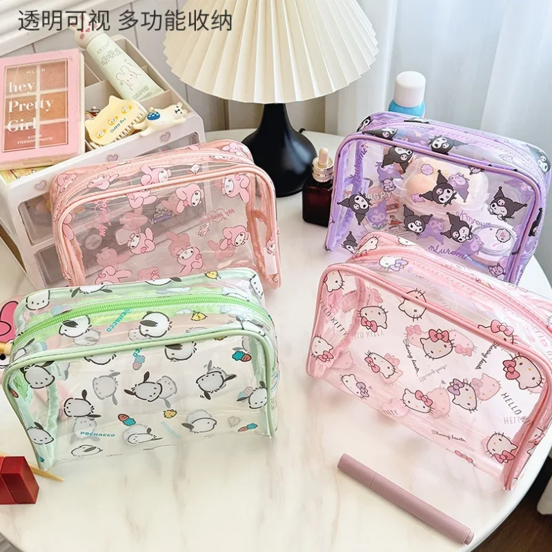 Sanrios Hellokittys Cartoon Transparent Makeup Bag My Melody Kuromi Anime Kawaii Large Capacity Cute Portable Travel Storage Bag