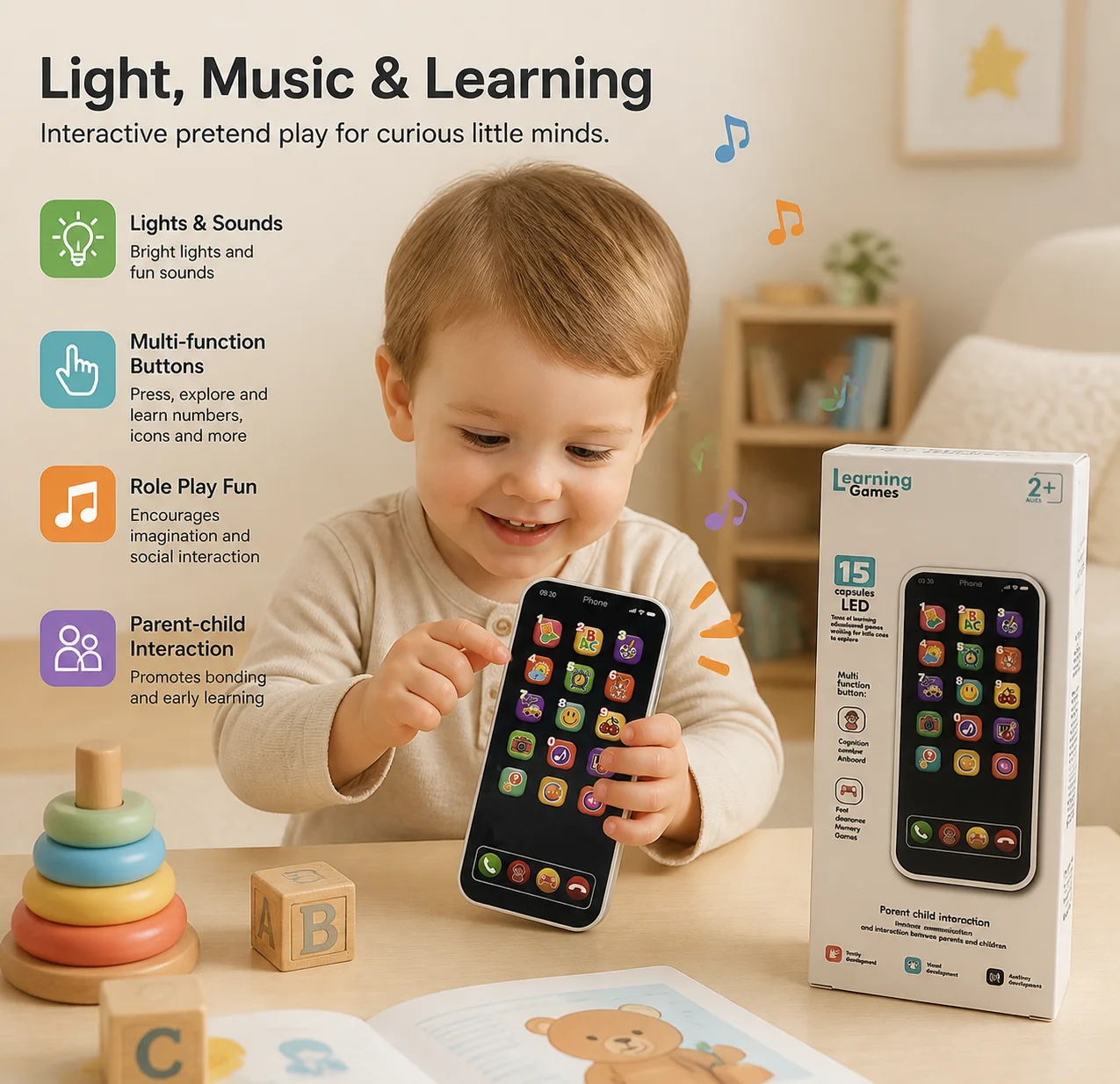 Interactive Early Learning Toy Mobile Phone with Music Touch Screen Multi-Mode English, Simulated Smartphone for Toddlers