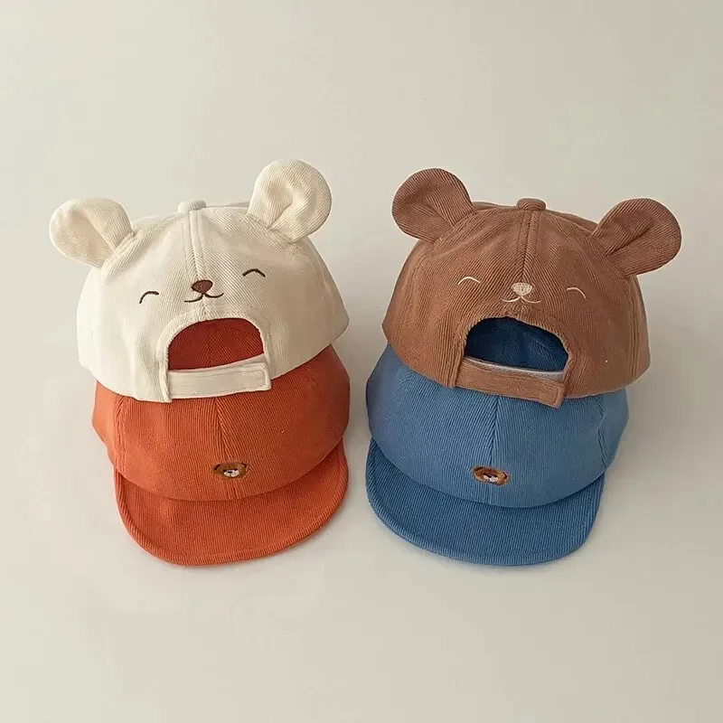 Spring Summer Kids Cotton Sun Hats Cartoon Bear Baby Baseball Hat with Ears Cute Solid Color Infant Peaked Cap Kawaii