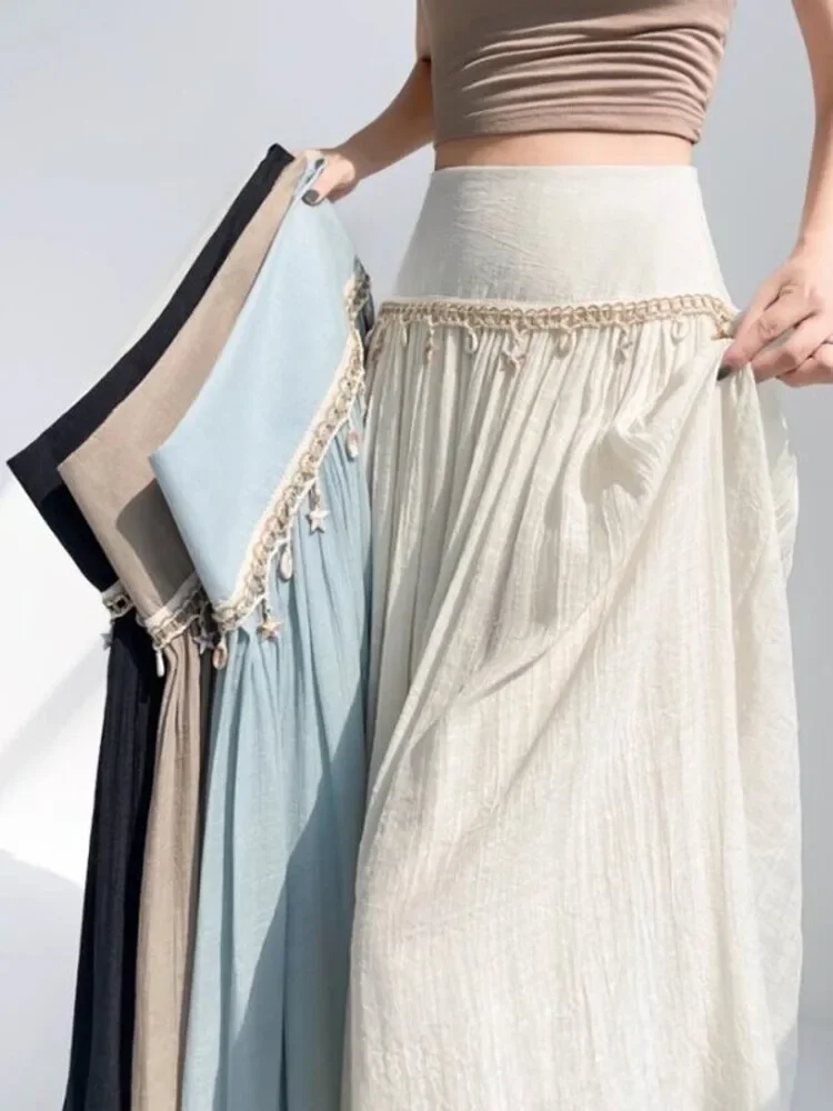 Spring Summer Bohemian Long Skirts Women Tassel Shell Design Elastic High Waist  Beach A-line Casual Elegant Boho Skirt