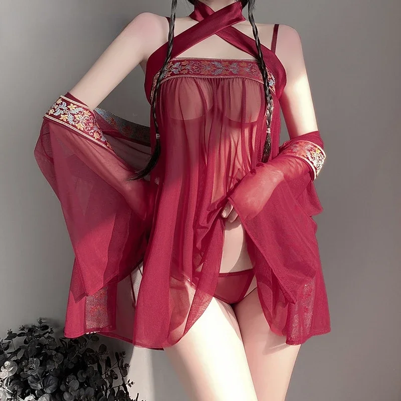 Retro Hanfu Sexy Pajamas Strapless Gauze Lingerie dress Nightdress Sleepwear Women Cute Chinese Costumes Temptation Erotic Dress