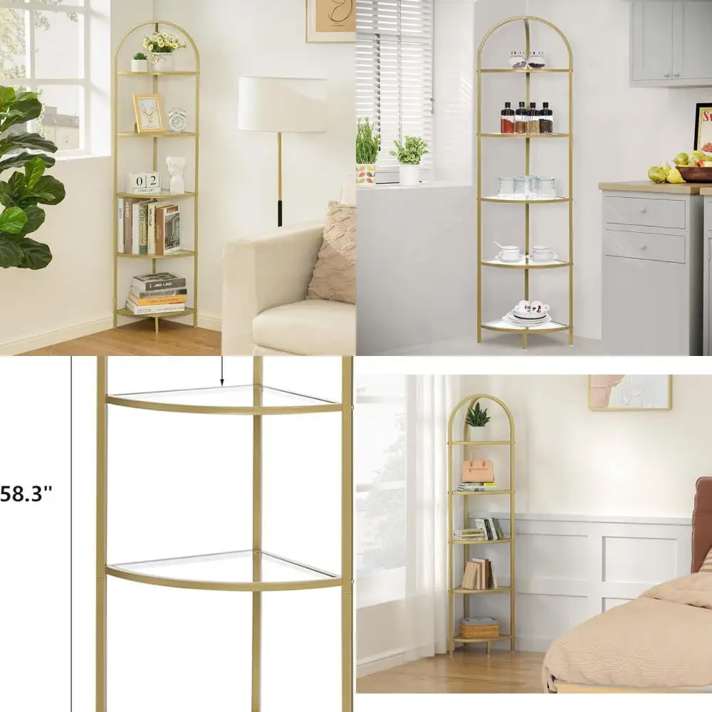 

Modern Gold 5-Tier Metal Corner Shelf with Tempered Glass for Bathroom and Plants