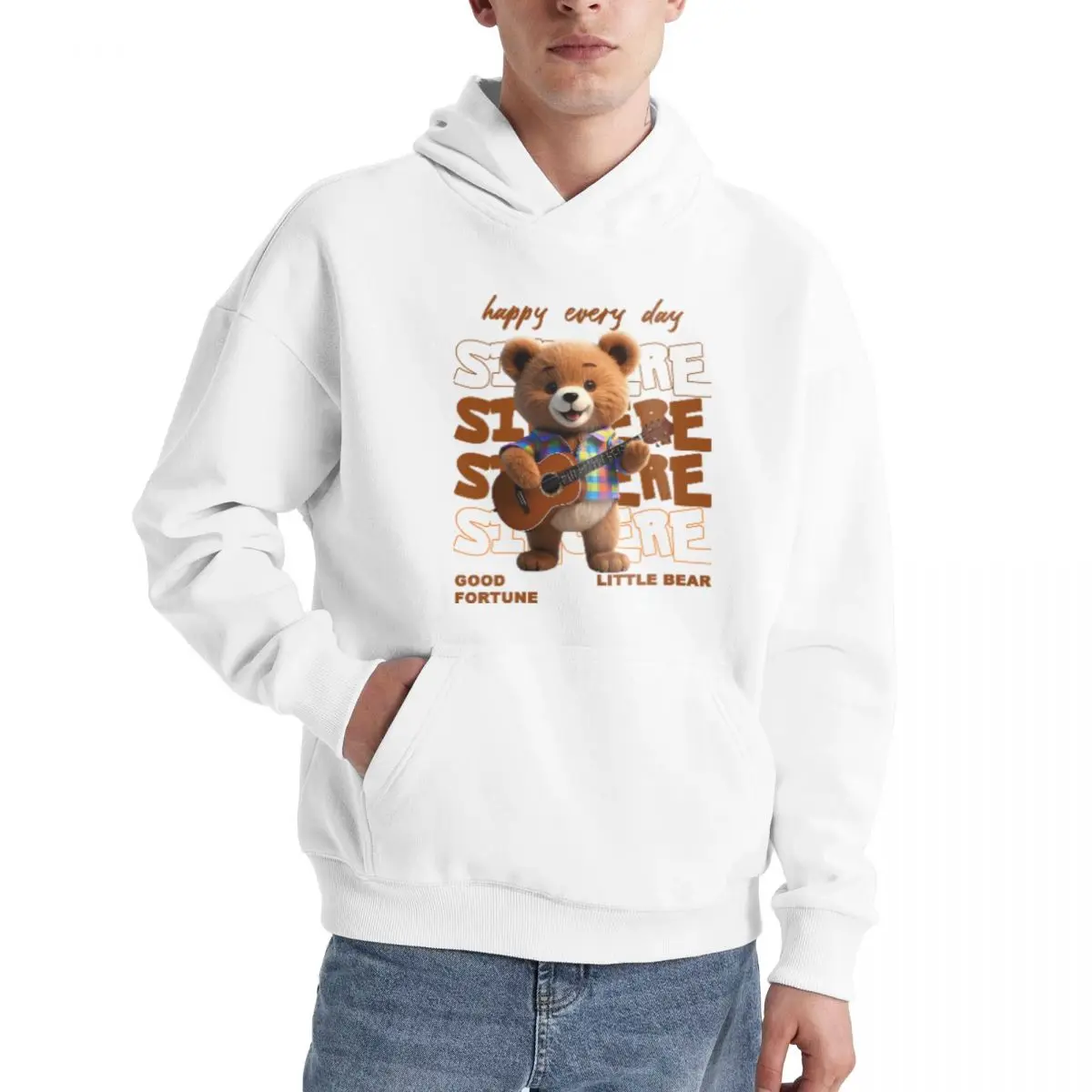 

Men's Regular Hooded Sweater Casual Long Sleeve Top Trend Streetwear Pullover Women's Printed Clothing Guitar Bear