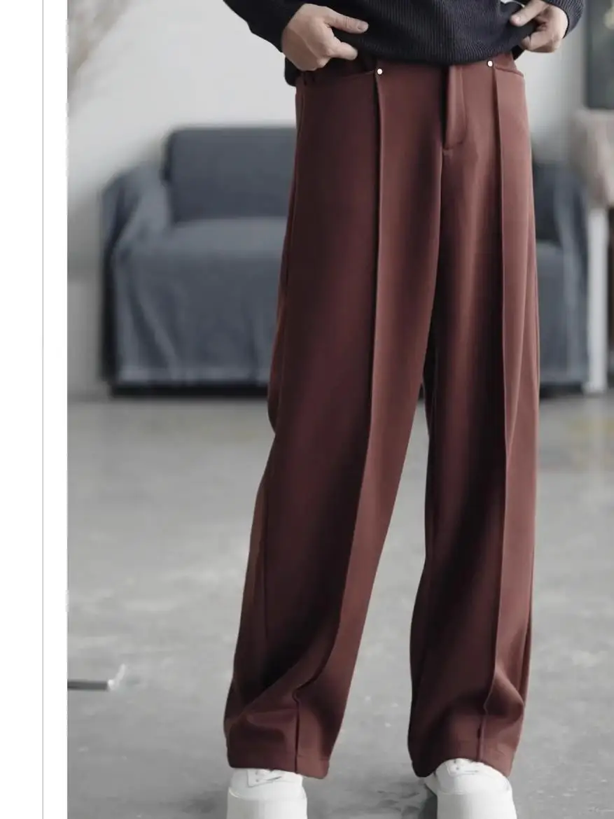 

Мужские повседневные брюки с высокой талией и прямыми штанинами, осенне-зимние, новые, в корейском стиле, свободного кроя, на молнии, однотонные, модные