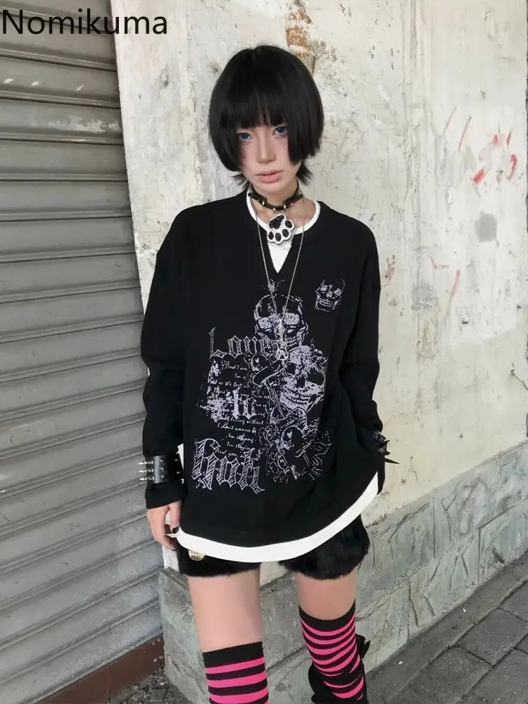 2024 Ropa Mujer Harajuku Black T Shirts Women Clothing Skull Print Fashion Tees Japanese Camisetas Punk Casual Tshirts Y2k Tops