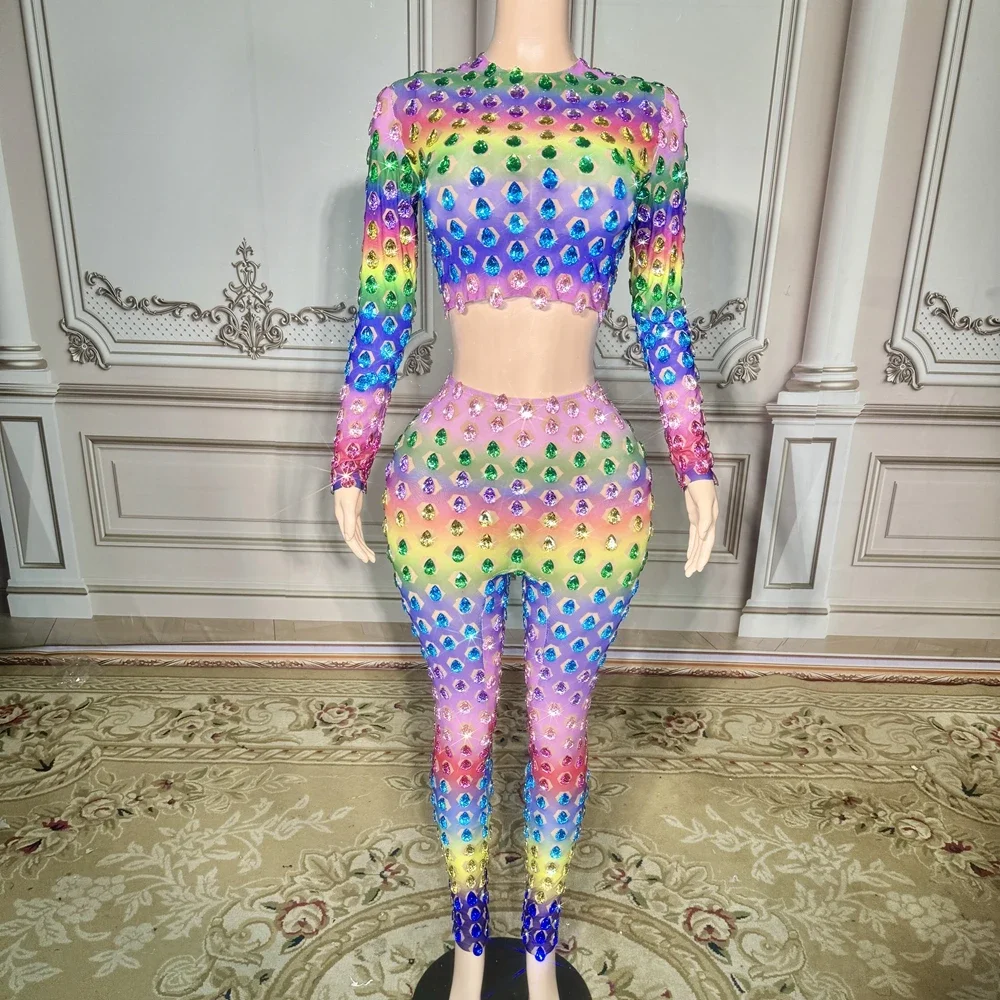 

Sparkly Colorful Crystals Long Sleeve Crop Top Pants Two Pieces Sexy Birthday Celebrate Outfit Leggings Dance Costume Stage Wear