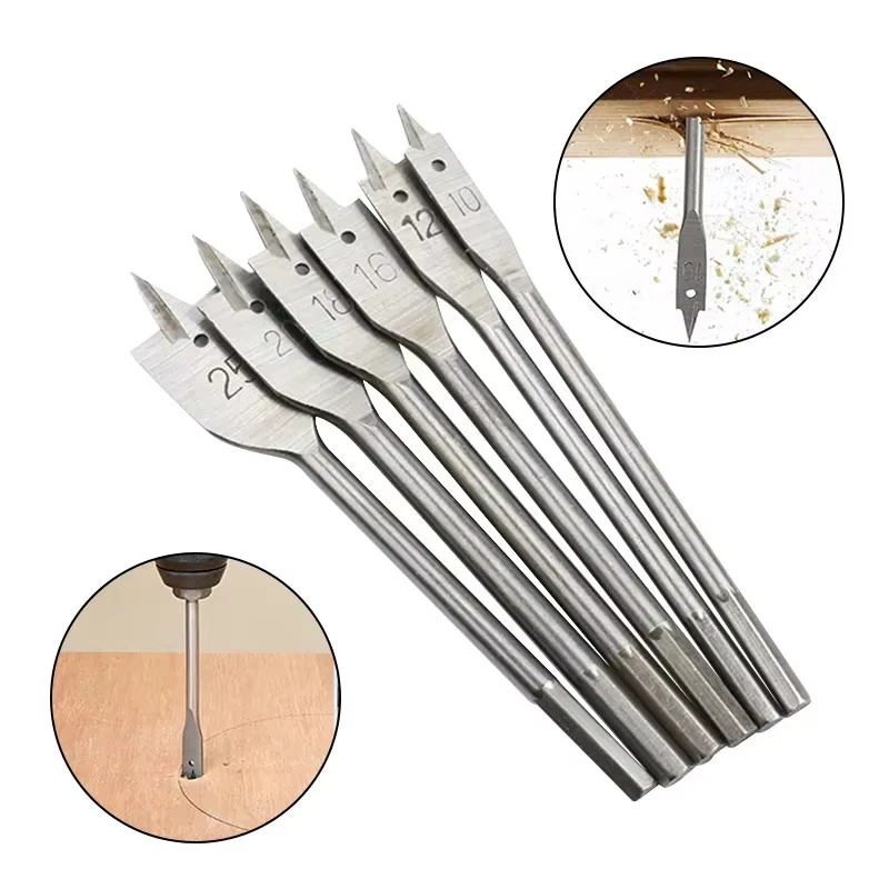 6PCNatural Color Three-Pointed Flat Drill Set with Hexagonal Handle for Woodworking Hole Opening Wooden Board Drilling Bit Tool
