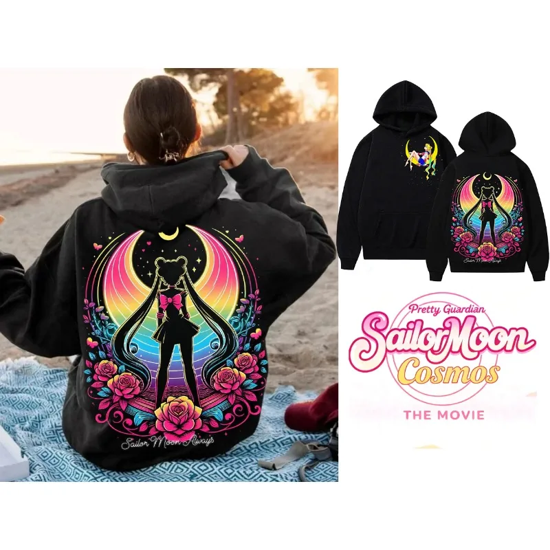 

Новая толстовка с капюшоном Sailor Moon Neon Art 2025, осенне-зимняя толстовка с принтом Y2K Rainbow Moon Girl, острый свободный топ с капюшоном для женщин
