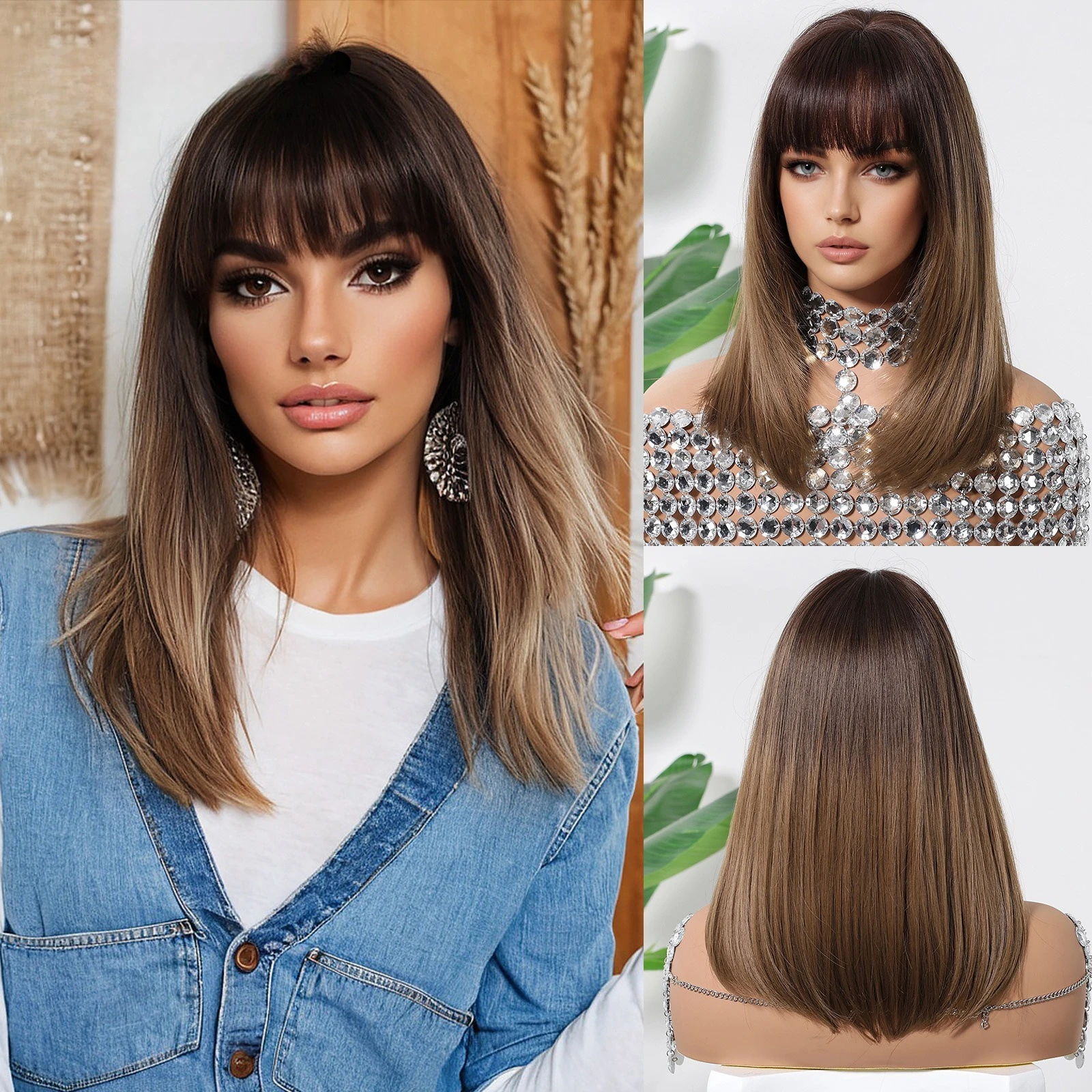 

Short straight hair, collarbone hair, brown, bangs shape, round face, age-reducing natural temperament, wig, full head hairstyle
