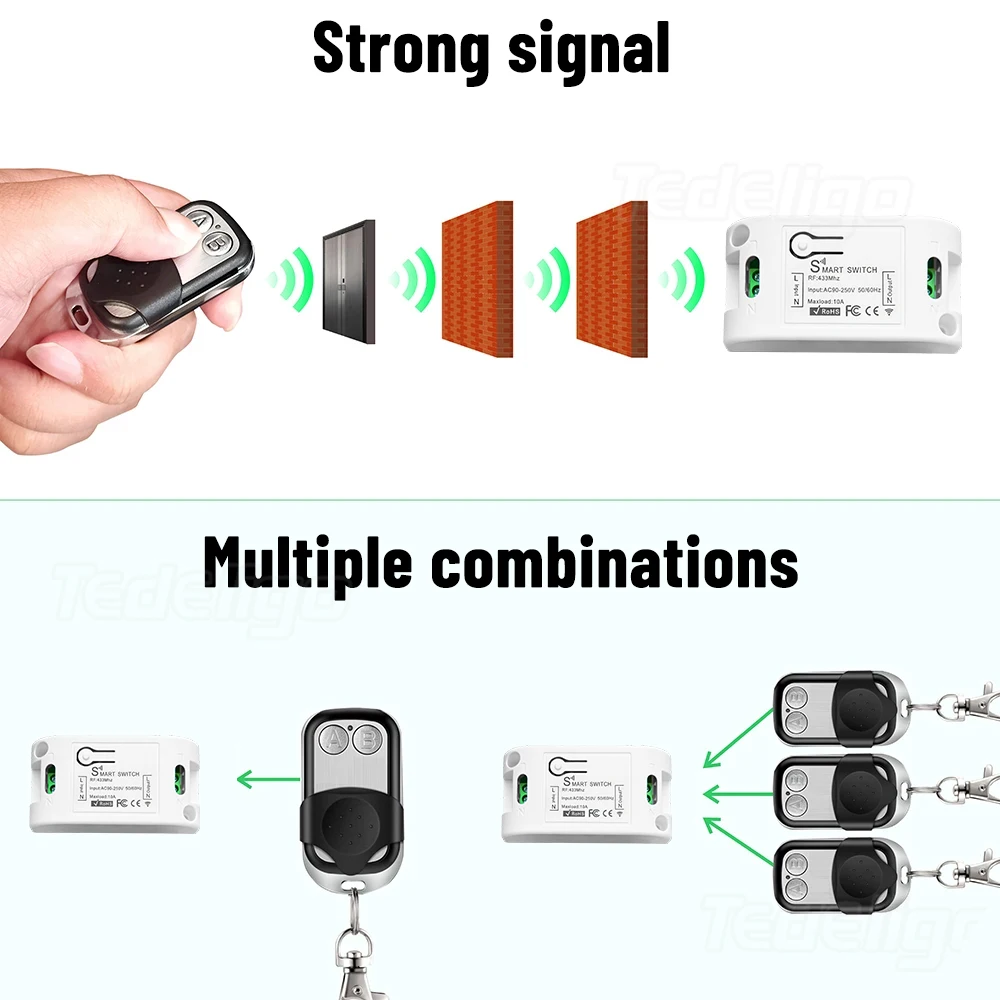 433 MHz Wireless Remote Control Light Switch 220V 110V 10A 1 CH Relay Receiver With A/B Transmitter Controller For Lighting Led