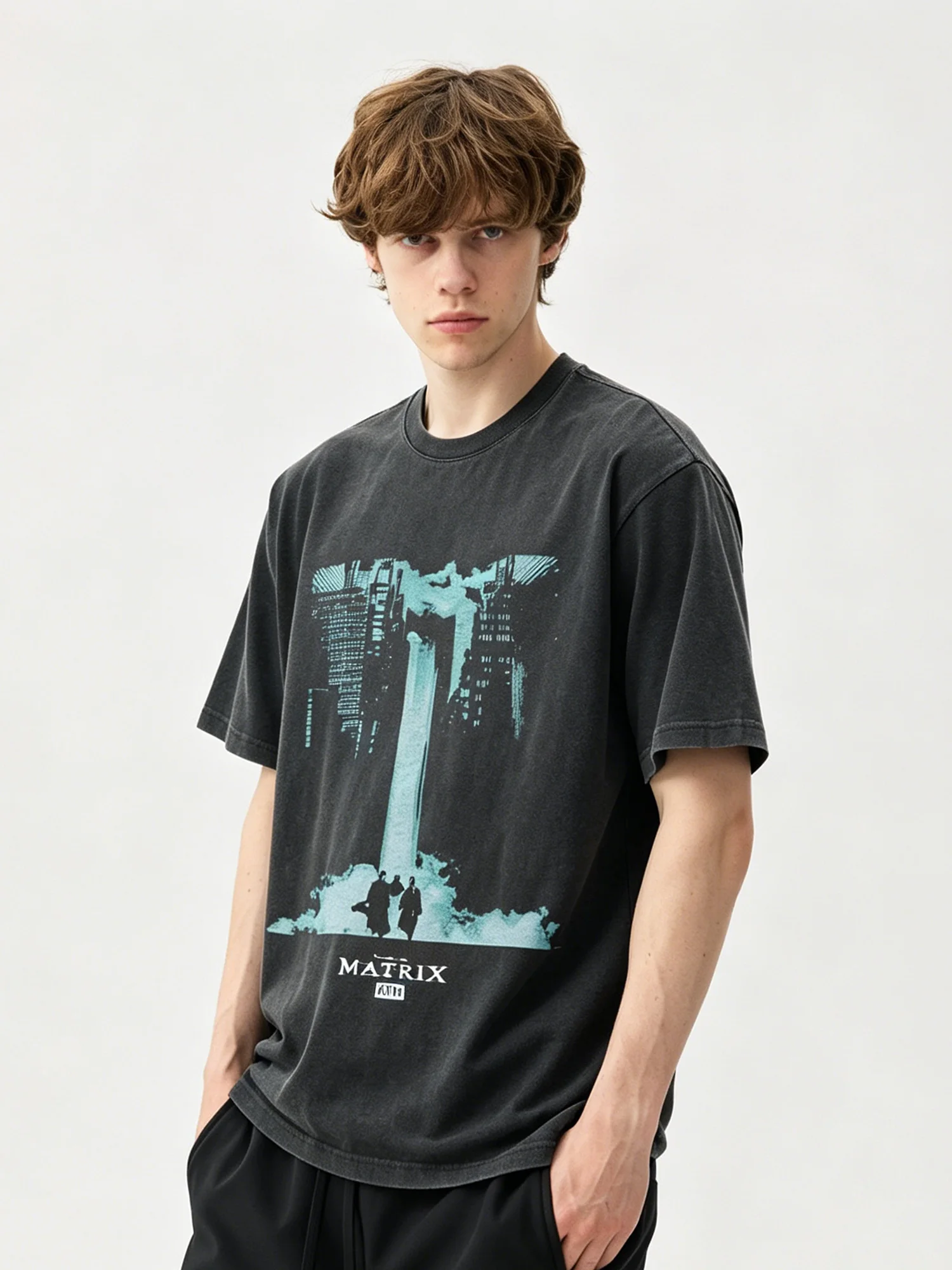 Kith Collaborative the Matrix Poster Vintage Worn-look Cotton Men's Short Sleeve T-shirt Casual Style round Neck Tee