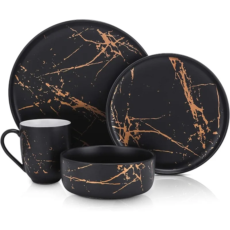 

Modern Splash Exquisite Fine China Dinnerware Set, 32 Piece - Service for 8, Black & Gold