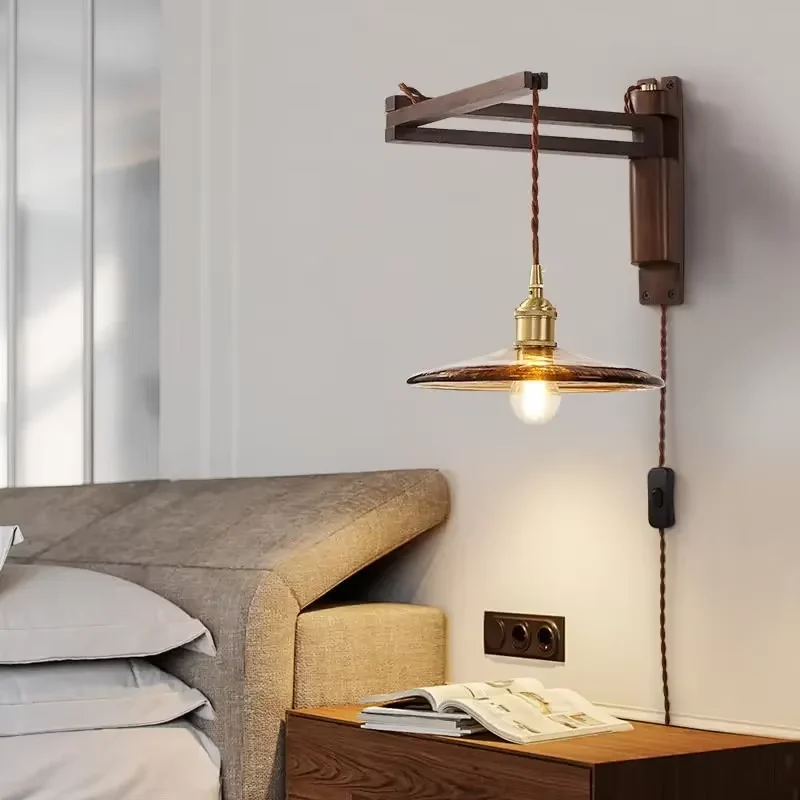 

Retro folding walnut color wall lamp Vintage Glass swing wall light for Bedroom bedside study Restaurant Bathroom coffee light