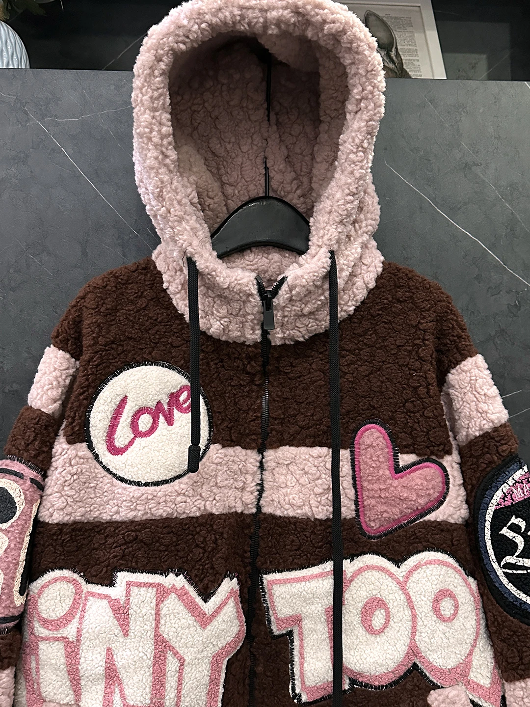 트렌디한 컬러블록 레터링 가을 겨울 플러시 후드 코트 오버사이즈 후드 집업 가디건 탑 두꺼운 플리스 양털 루즈핏 재킷