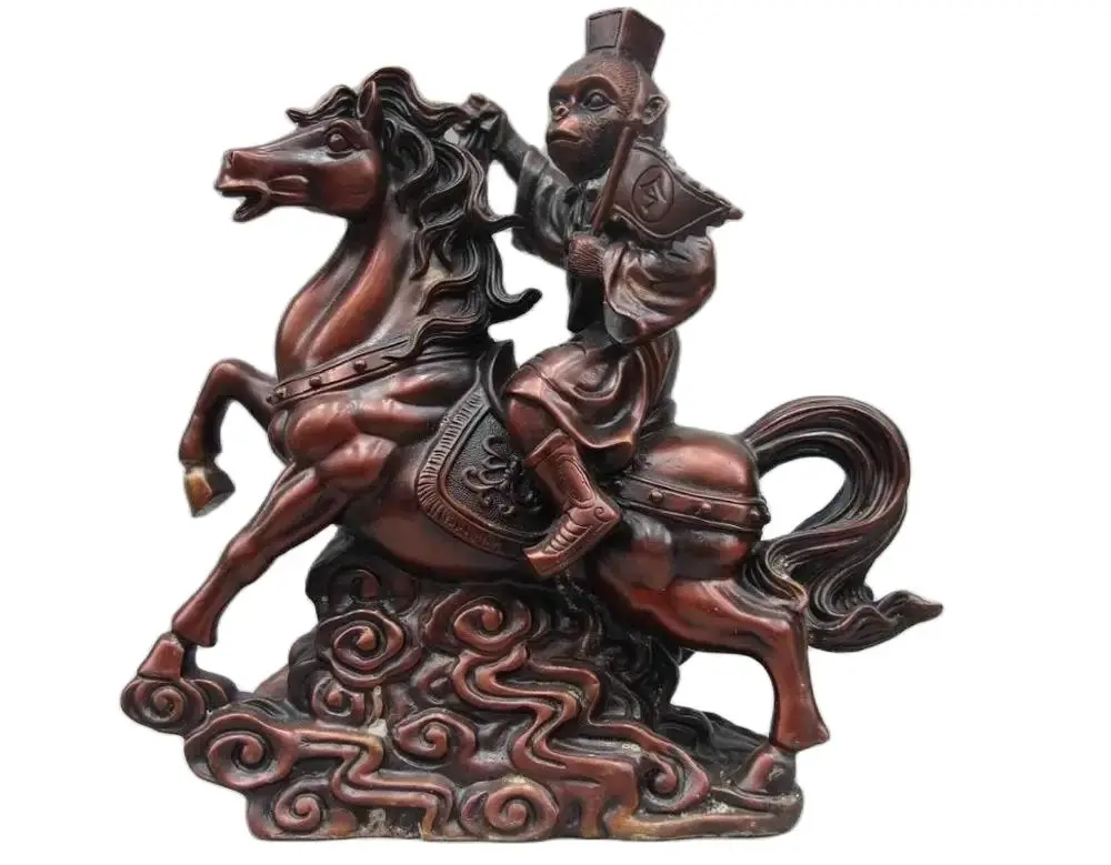 18CM Chinese Feng Shui Copper Bronze Sun Wukong Monkey King Ride Horse Animal Statue