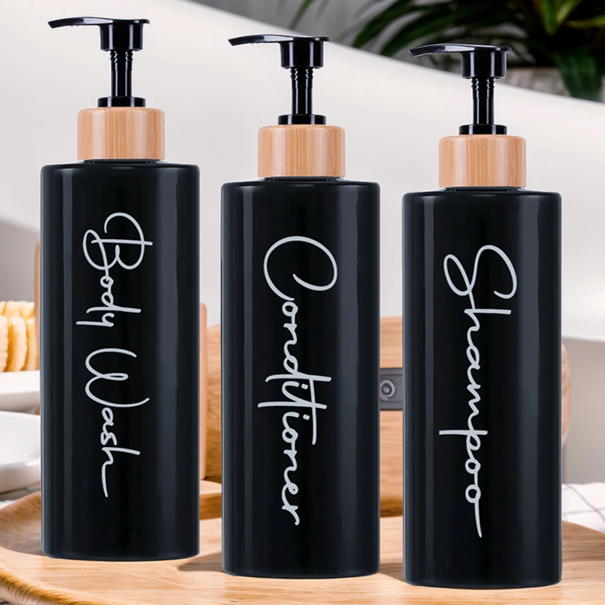 Juego de dispensador de champú y acondicionador, botella vacía recargable para ducha, champú, bomba de jabón para baño, botellas con etiquetas, 3 uds.