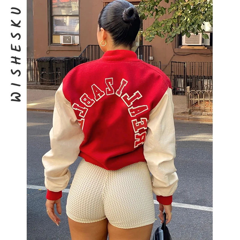 

Женская бейсбольная куртка, повседневное свободное короткое пальто, весна-осень, корейский стиль, с длинным рукавом, с буквенным принтом, зимний модный топ
