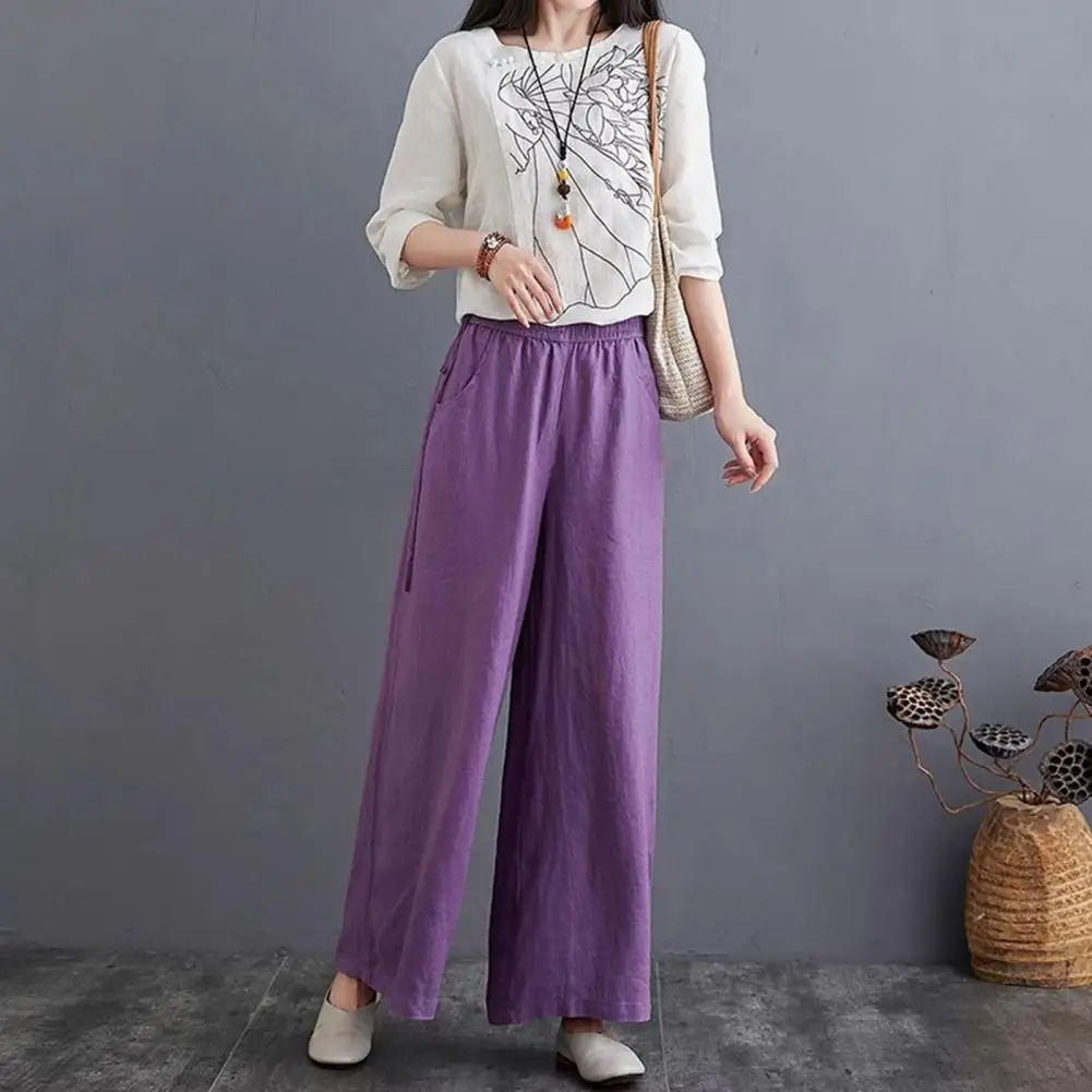 Long Pants Women’s Wide Leg Pants with Elastic Waistband Adjustable Drawstring Pockets – Leisure Trousers for Summer Travel
