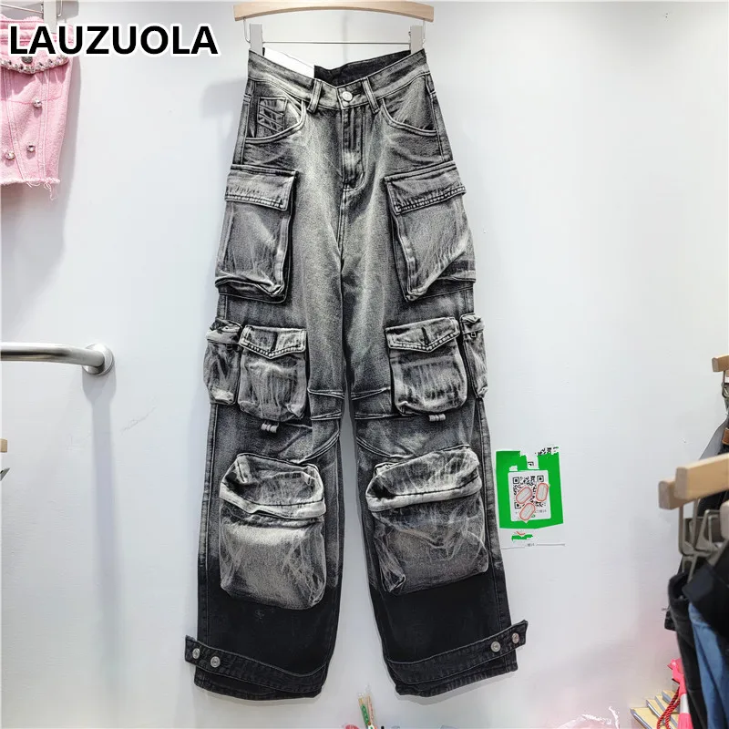 2024 New Autumn Winter Fashion Straight Leg Denim Pants Casual Loose Multi Pocket Cargo Jeans for Women