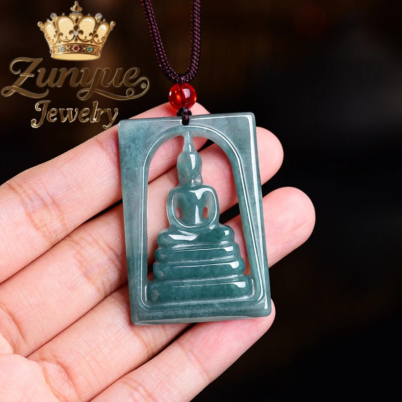 Natural Grade A Burmese Blue Water Jadeite Pendant Hollow Square Wu Xiang Buddha Hand Carved Necklace Unisex Daily Wear Gift