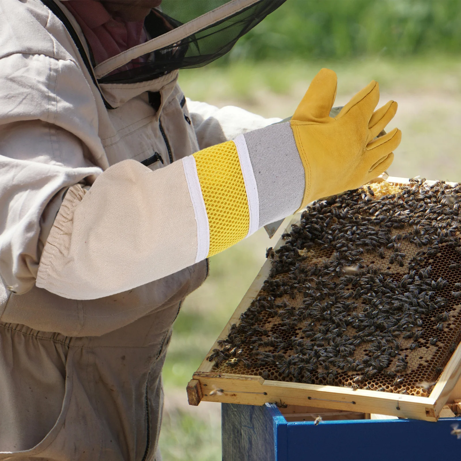 

Golden Xl Beekeeping Gloves Professional Grade Anti Protection with Full Length Protective Sleeves for Maximum Dexterity