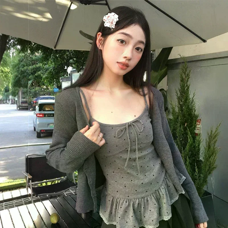 

Милая камзол в горошек с рюшами для женщин, осенний шикарный короткий кардиган в корейском стиле