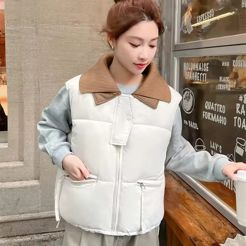 

Knit Turn Down Collar Patchwork Cotton Vest Women 2025 Fall Winter Chic Sleeveless Padded Jackets Zipper Warm Waistcoat Female