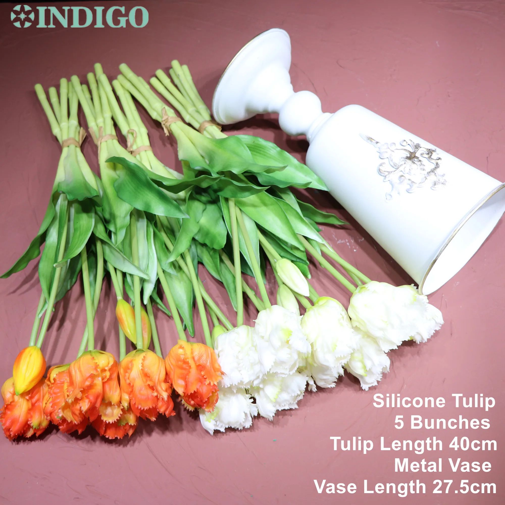 

INDIGO-Artificial Silicone Flower Bouquet, Multiple Petals, Parrot WhiteTulip, Real Touch, Home, Wedding, 5 Bunch + 1 Iron Vase