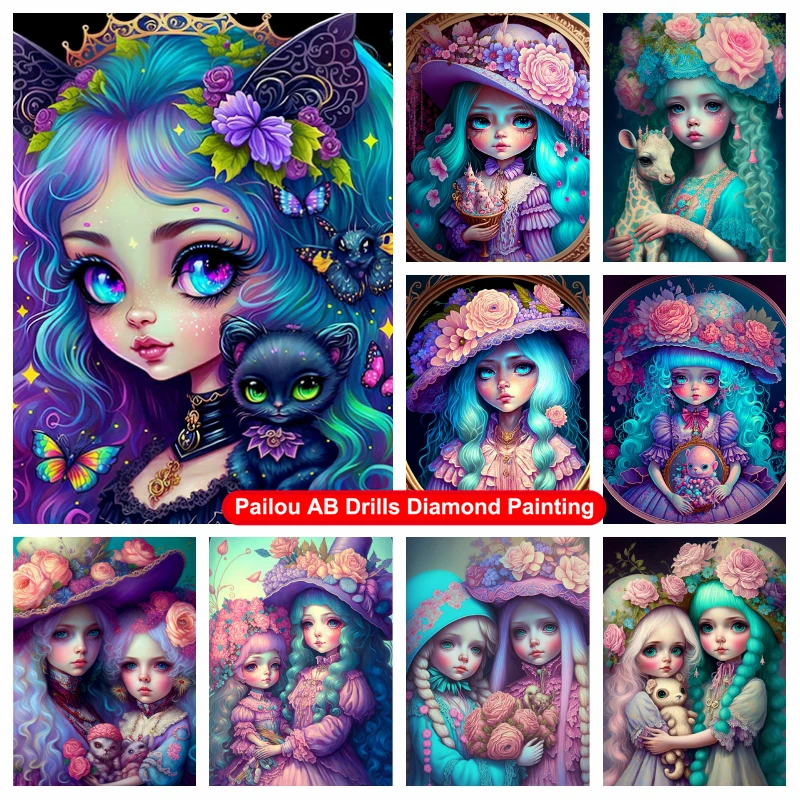 

Cute Big Eye Blue Elf Fairy 5d AB Drills Diamond Painting Fantasy Cartoon Pretty Flower Girl Art Mosaic Cross Stitch Home Decor