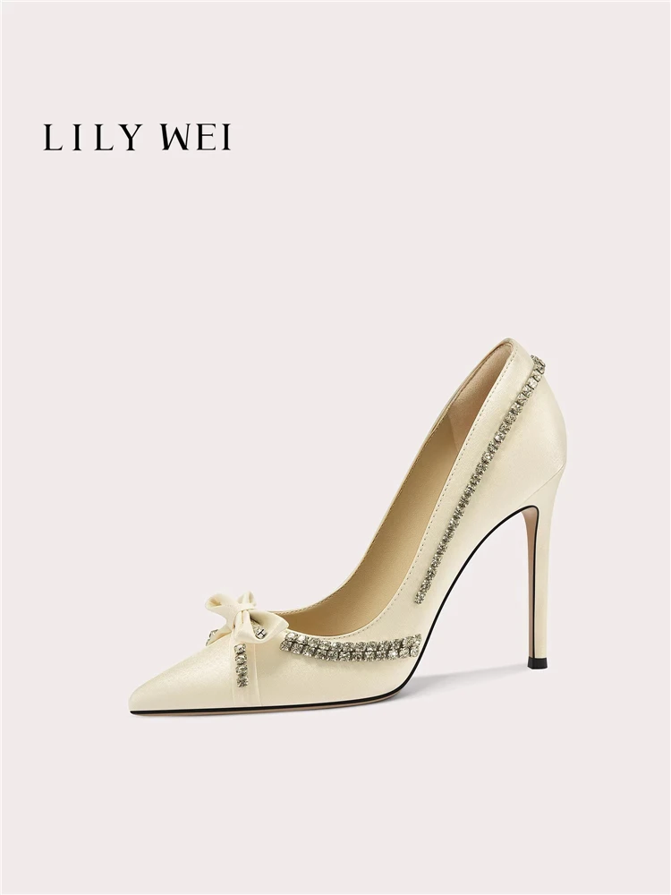 

Spring new pointed toe satin rhinestone bow flat shoes banquet large size small size waterproof platform high-heeled women shoes